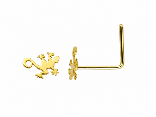 Piercing de nez en or jaune 18 carats avec motif de petite salamandre ciselée et tige droite pliée en L