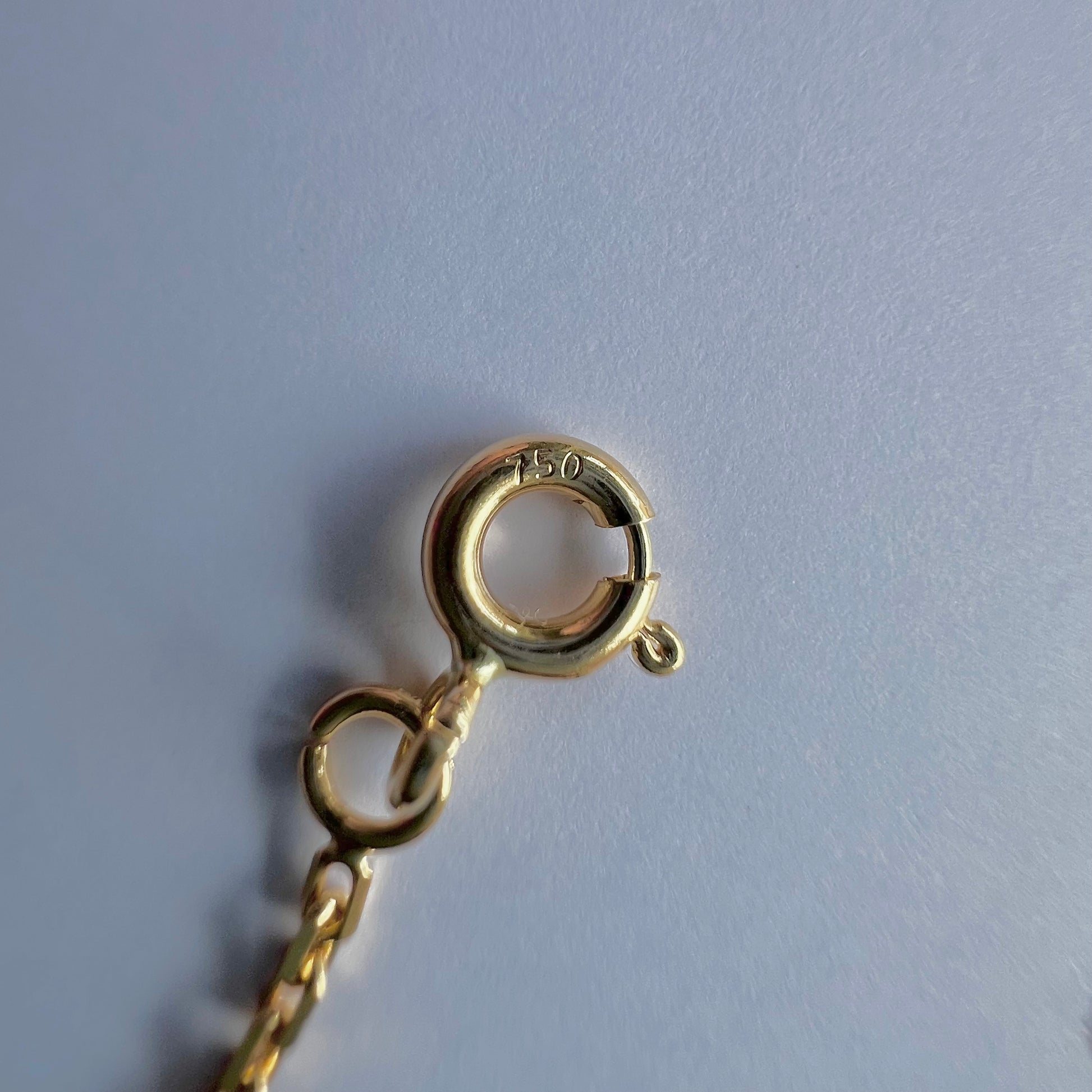 Zoom sur le poinçon de garantie officiel 750 gravé sur le fermoir anneau ressort de la chaînette d'extension.