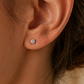 Femme portant une puce d'oreille en diamant solitaire et or blanc 18 carats, éclat naturel et élégance minimaliste.