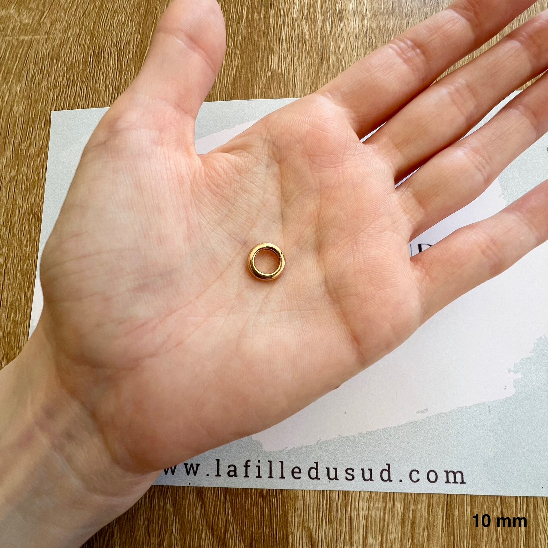 Aperçu de la taille réelle d'un fermoir à charnière invisible de 10 mm dans la paume d'une main.