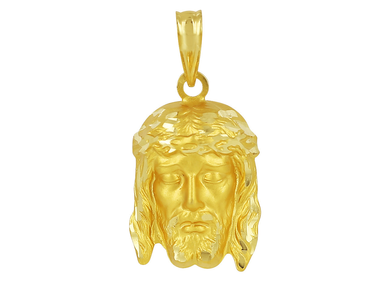 Pendentif tête de Christ en or jaune 18 carats, visage de Jésus mat avec couronne d'épines polie et brillante, bijou religieux 16x12mm.