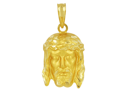 Pendentif tête de Christ en or jaune 18 carats, visage de Jésus mat avec couronne d'épines polie et brillante, bijou religieux 16x12mm.